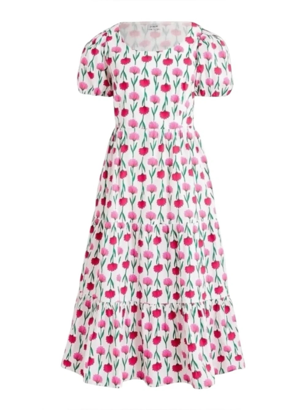 J. Crew Women's White Floral Tiered Midi Dress with Pink & Red Blooms Size 00